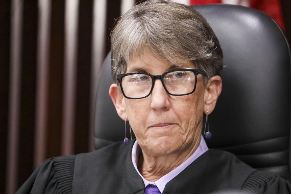 Thirteenth Judicial Circuit Court Judge Catherine Catlin listens to testimony during a bond hearing for Hillsborough County cold case murder suspect Donald Santini on Thursday, July 6, 2023, in Tampa, Fla. Santini is accused of strangling Cynthia Wood in 1984. (Douglas R. Clifford/Tampa Bay Times via AP)