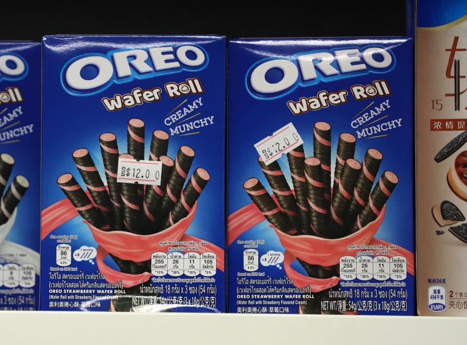 These are some of the snacks for sale in Nap Snacks, Thursday, Jan. 27, 2022 at 1323 W. 86th St. Cousins Ruben Olivares and Sergio Salazar opened the store to sell imported snacks and drinks. Many of the items are common brands like Oreos, Lays and Fanta, but the flavors and forms are not sold in the U.S. These are Oreo strawberry wafer rolls. 