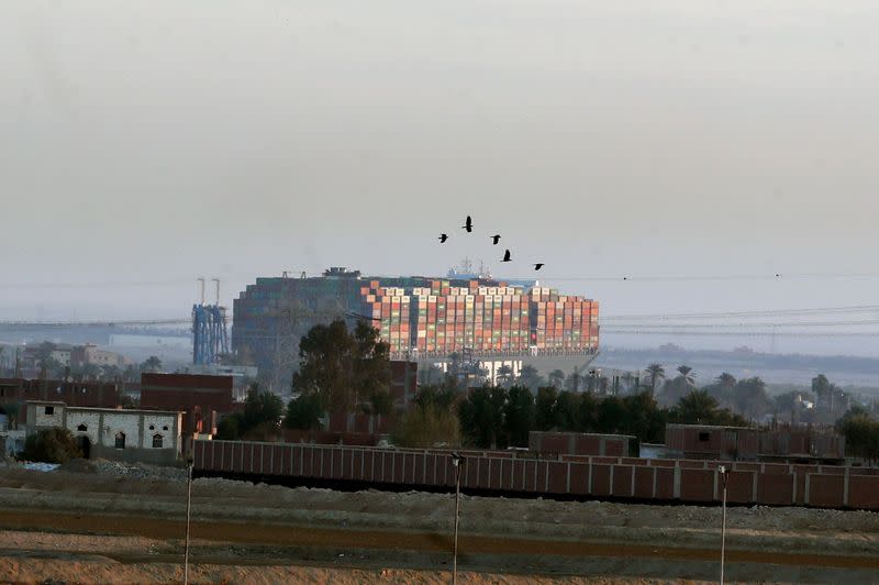 FILE PHOTO: Stranded container ship Ever Given, one of the world's largest container ships, is seen after it ran aground, in Suez Canal