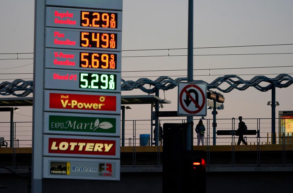 Gas prices are advertised at over five dollars a gallon Monday, Feb. 28, 2022, in Los Angeles.