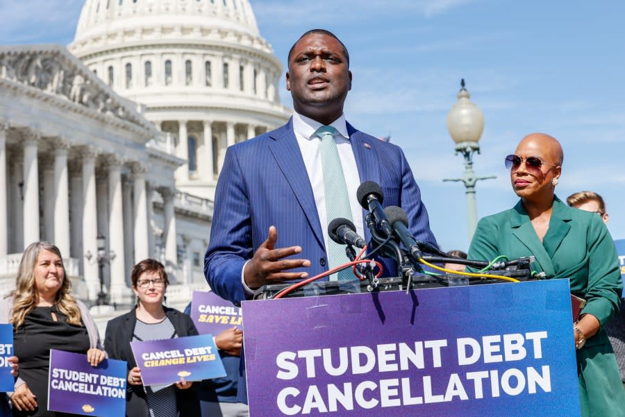 Former Rep. Mondaire Jones (D-NY) speaks during a press conference on Capitol Hill on Sept. 29, 2022, in Washington, D.C. (Photo by Jemal Countess/Getty Images for We, The 45 Million)