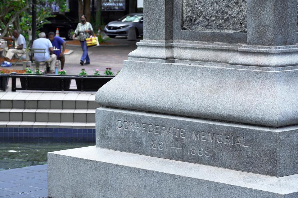 Mayor Lenny Curry ordered the 2020 takedown of a Confederate soldier statue from James Weldon Johnson Park in downtown, but the column that held up the statue remains with "Confederate Memorial 1861-1865" inscribed in the base.