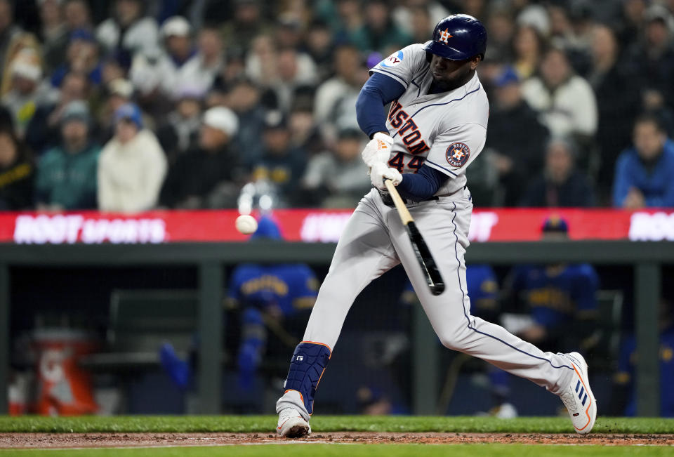 Houston Astros' Yordan Alvarez hits a three-run home run against Seattle Mariners starting pitcher Luis Castillo during the third inning of a baseball game Friday, May 5, 2023, in Seattle. (AP Photo/Lindsey Wasson)