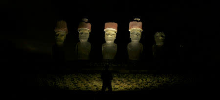 FILE PHOTO: A night view of "Moai" statues at Anakena beach on Easter Island, 4,000 km (2,486 miles) west of Santiago, Oct. 30, 2003. REUTERS/Carlos Barria//File Photo