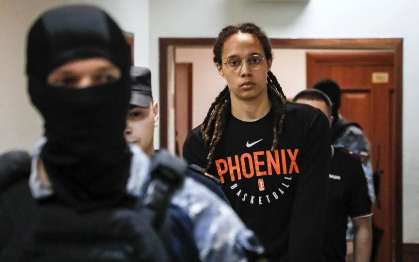 Two-time Olympic gold medalist and WNBA's Phoenix Mercury player Brittney Griner (C) is escorted to a courtroom for a hearing at the Khimki City Court outside Moscow, Russia, 27 July 2022. Griner, a World Champion player of the WNBA's Phoenix Mercury team was arrested in February at Moscow's Sheremetyevo Airport after some hash oil was detected and found in her luggage, for which she now could face a prison sentence of up to ten years. US basketball player Brittney Griner attends hearing on drug charges, Khimki, Russian Federation - 27 Jul 2022