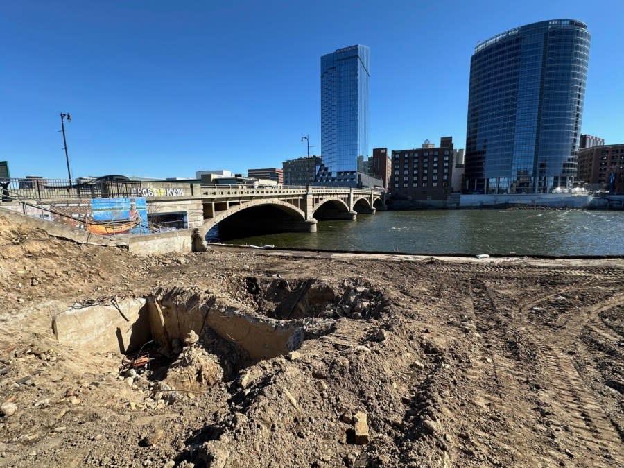 Construction along the Grand River to expand the Grand Rapids Public Museum unearthed what is left of the Voigt Mill. (Feb. 29, 2024)