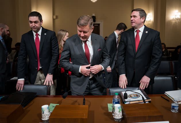 Trump who, what? Montana Attorney General Austin Knudsen (left), Oklahoma Attorney General Gentner Drummond and Missouri Attorney General Andrew Bailey said Homeland Security Secretary Alejandro Mayorkas definitely deserves to be impeached, but clammed up when asked about Trump's past conduct.