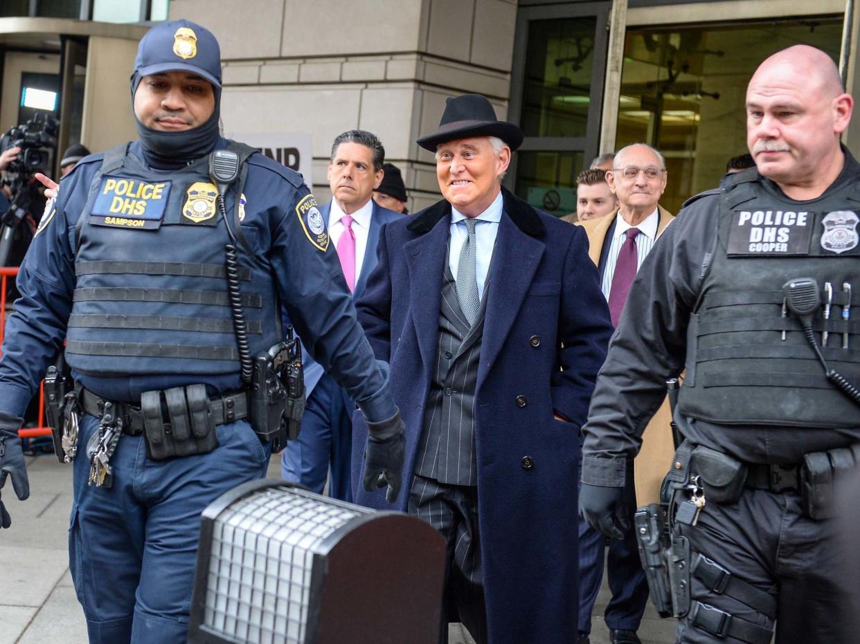 Former Trump campaign adviser Roger Stone departs following his sentencing hearing at US District Court in Washington 20 February 2020: Mary F Calvert/Reuters