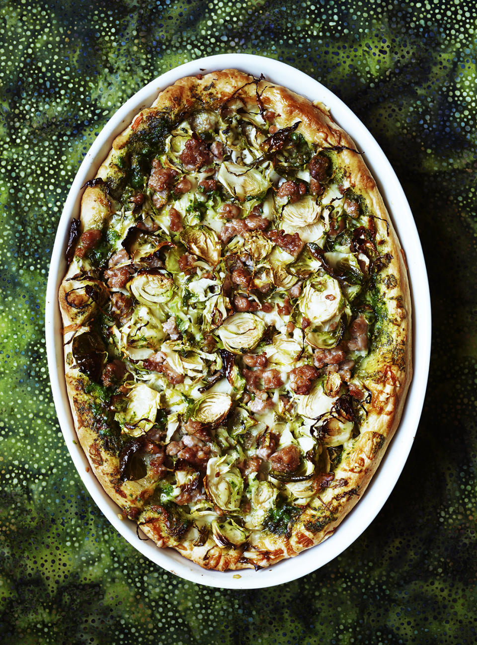 Deep-Dish Pizza With Turkey Sausage and Brussels Sprouts