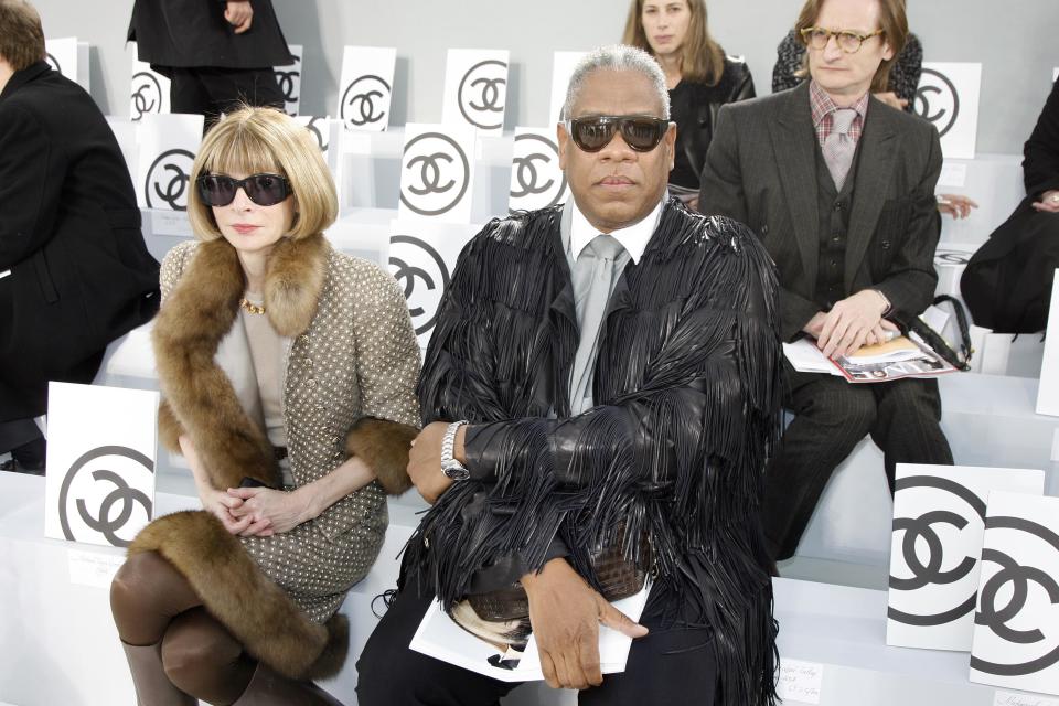 <span class="caas-xray-inline-tooltip"><span class="caas-xray-inline caas-xray-entity caas-xray-pill rapid-nonanchor-lt" data-entity-id="Anna_Wintour" data-ylk="cid:Anna_Wintour;pos:2;elmt:wiki;sec:pill-inline-entity;elm:pill-inline-text;itc:1;cat:BusinessPerson;" tabindex="0" aria-haspopup="dialog"><a href="https://search.yahoo.com/search?p=Anna%20Wintour" data-i13n="cid:Anna_Wintour;pos:2;elmt:wiki;sec:pill-inline-entity;elm:pill-inline-text;itc:1;cat:BusinessPerson;" tabindex="-1" data-ylk="slk:Anna Wintour;cid:Anna_Wintour;pos:2;elmt:wiki;sec:pill-inline-entity;elm:pill-inline-text;itc:1;cat:BusinessPerson;" class="link ">Anna Wintour</a></span></span> and Andre Leon Talley sit front row at the 2007-8 fall/winter Chanel fashion show during Paris Fashion Week on March 2, 2007.<span class="copyright">Michel Dufour—WireImage</span>