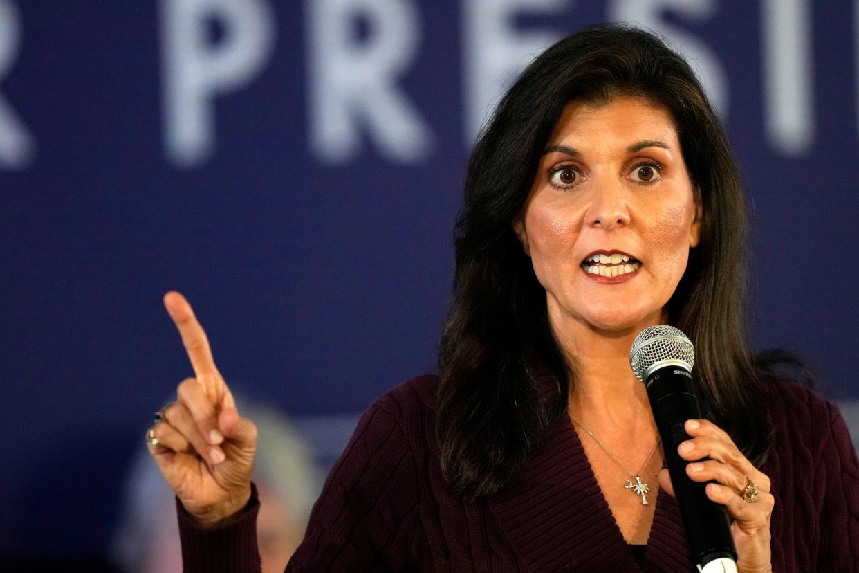 Republican presidential candidate Nikki Haley speaks at a town hall campaign event, Thursday, Feb. 16, 2023, in Exeter, New Hampshire.