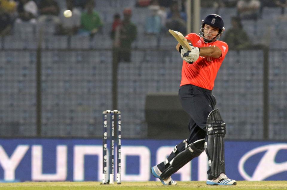 England's Michael Lumb bats during an ICC Twenty20 Cricket World Cup match against New Zealand in Chittagong, Bangladesh, Saturday, March 22, 2014. (AP Photo/Bikas Das)