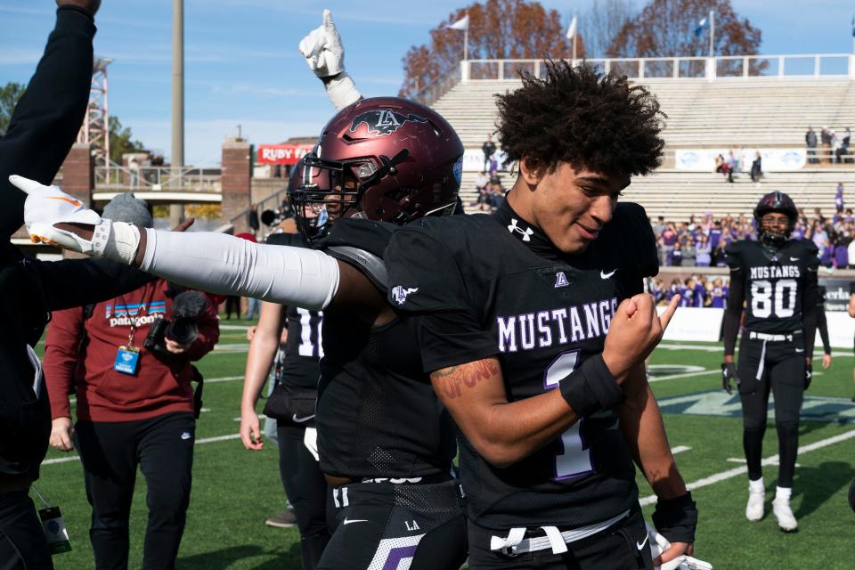 Lipscomb Academy defensive back Kaleb Beasley (1) celebrates their 42 to 0 win against CPA in the 2022 Division II Class AA State Football Championship at Finley Stadium Thursday, Dec. 1, 2022 in Chattanooga, Tenn. 