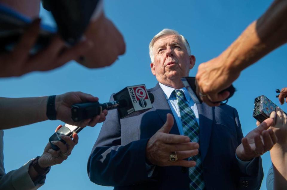 Missouri Gov. Mike Parson answers questions in Kansas City.