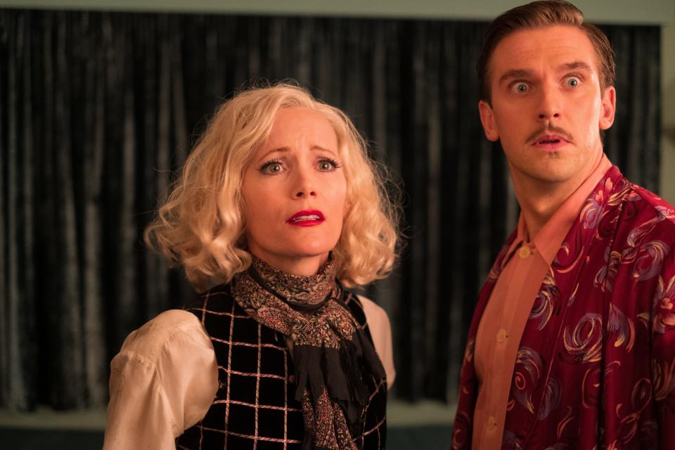 Dan Stevens plays a struggling author with writer's block and Leslie Mann is the ghost of his dead wife in the period comedy "Blithe Spirit."