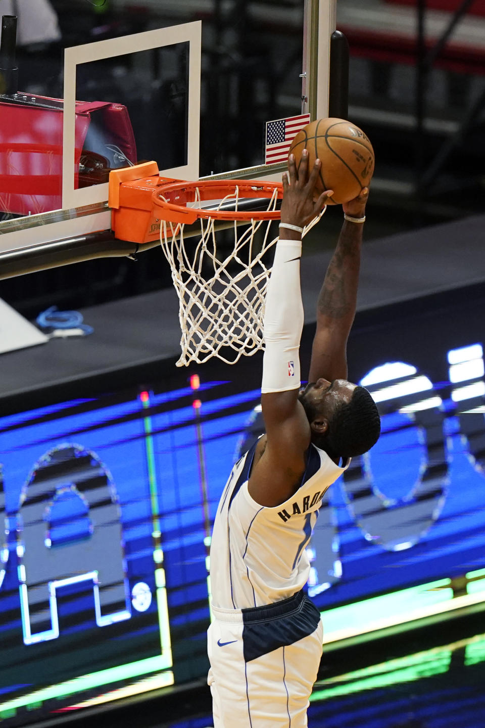 Dallas Mavericks forward Tim Hardaway Jr., dunks the ball during the second half of an NBA basketball game against the Miami Heat, Tuesday, May 4, 2021, in Miami. (AP Photo/Wilfredo Lee)