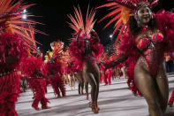 Performers from the Imperatriz Leopoldinense samba school parade on a float during Carnival celebrations at the Sambadrome in Rio de Janeiro, Brazil, Tuesday, Feb. 21, 2023. (AP Photo/Bruna Prado)