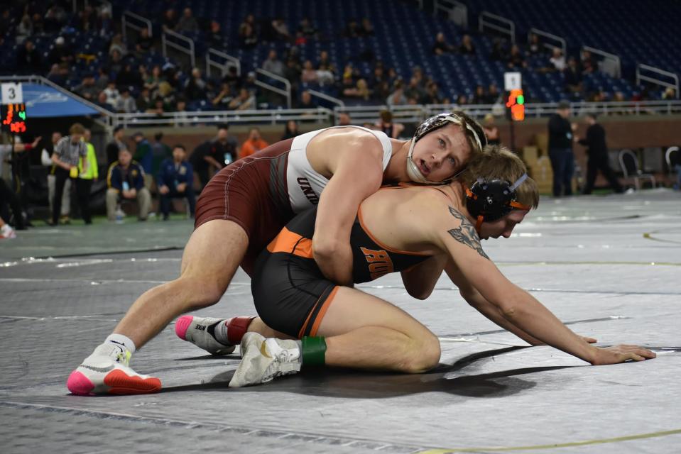 Union City's Colton Russell looks for his hooks during his run at the MHSAA state finals this weekend. Russell finished in sixth place at 150 pounds.