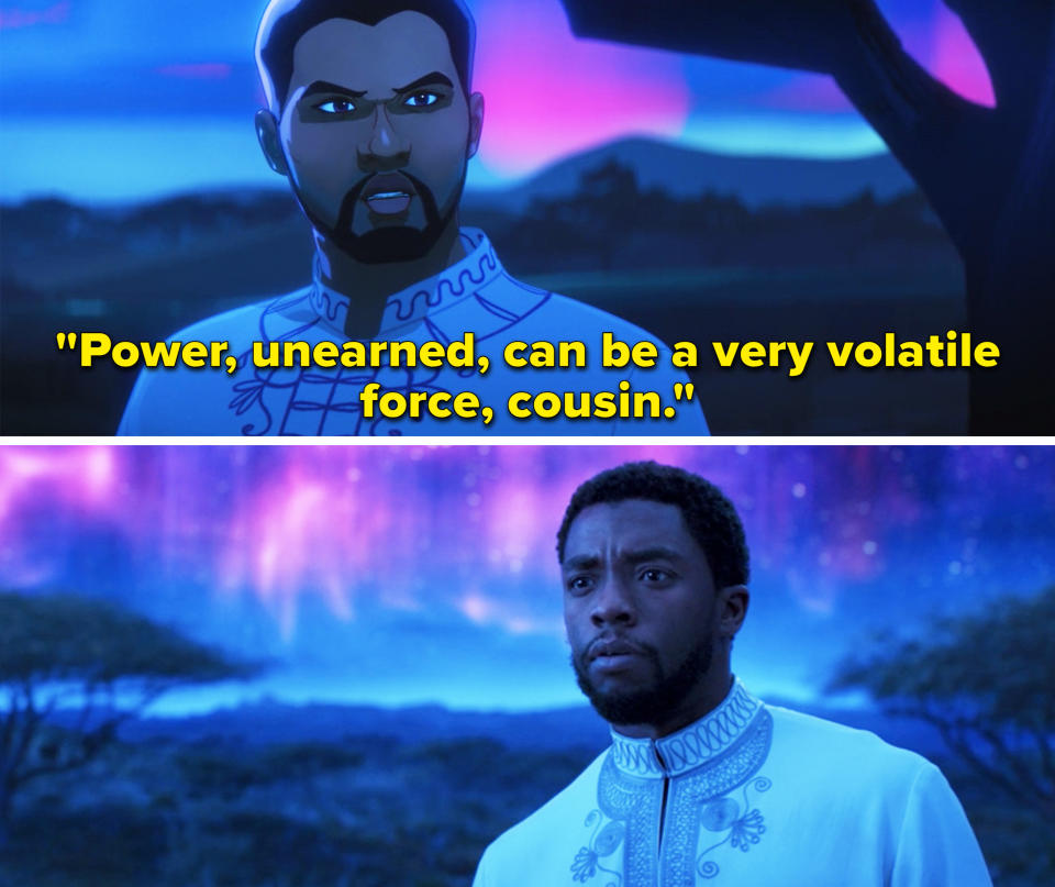 T'Challa saying, "Power, unearned, can be a very volatile force, cousin"