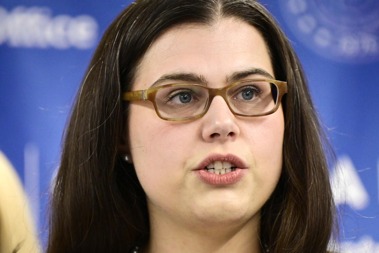 Colorado Secretary of State Jena Griswold speaks at a news conference in Denver in February. 