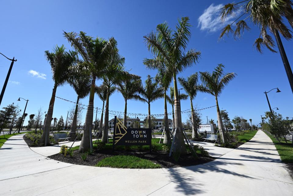 This circle of palm trees and accompanying benches at the intersection of Springtide Way and Sunglow Boulevard serve as an entry point to Downtown Wellen Park. The first phase of the town center is opening on a rolling basis this spring.