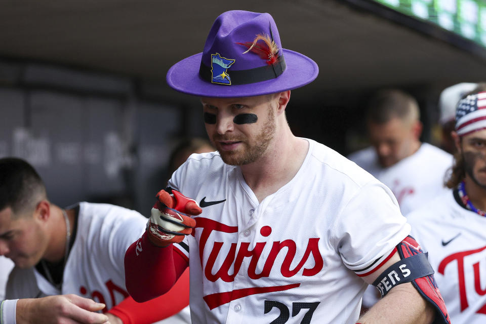 Minnesota Twins' Ryan Jeffers celebrates his two-run home run against the Detroit Tigers during the fourth inning of a baseball game, Thursday, July 4, 2024, in Minneapolis. (AP Photo/Matt Krohn)