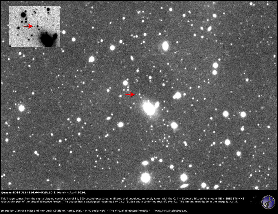 Quasar SDSS J114816.64+525150.3, που απεικονίστηκε μέσω του Virtual Telescope Project μεταξύ Μαρτίου και Απριλίου 2024.