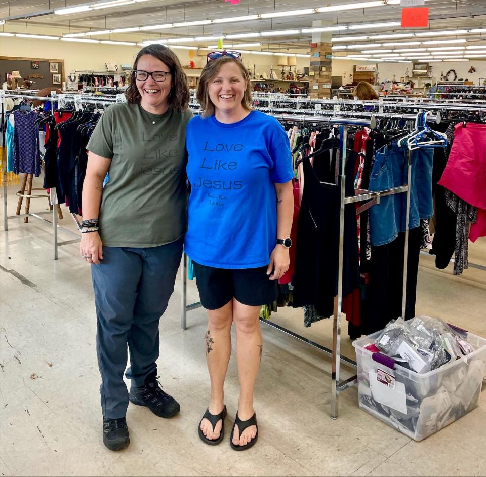 Jaxx Smith, left, and Angela Bryan stand inside Seeds of Faith in Collinsville, Alabama, on May 31, 2023, as they plan future efforts to grow their ministry.