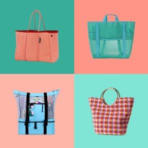 4 Cute Summer Beach Bags on pink and green square colored backgrounds