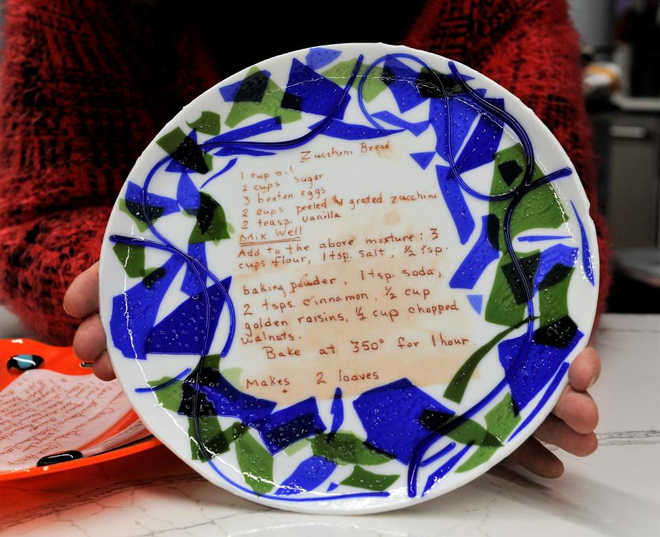 A handmade fused glass plate with a vintage recipe from Capers Emporium Glassporium fused glass studio.