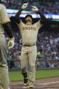 San Diego Padres' Juan Soto celebrates after hitting a home run against the San Francisco Giants during the fifth inning of a baseball game in San Francisco, Monday, June 19, 2023. (AP Photo/Jeff Chiu)