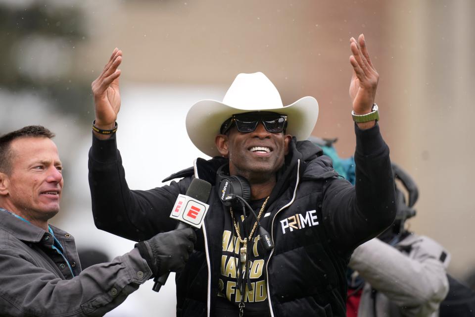 Colorado head coach Deion Sanders in the first half of the team's spring practice NCAA college football game Saturday, April 22, 2023, in Boulder, Colo.