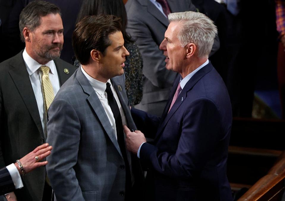 US House Republican Leader Kevin McCarthy (R-CA) (L) talks to Rep.-elect Matt Gaetz (R-FL) in the House Chamber after Gaetz voted present during the fourth day of voting for Speaker of the House at the U.S. Capitol Building on January 06, 2023 in Washington, DC. (Getty Images)