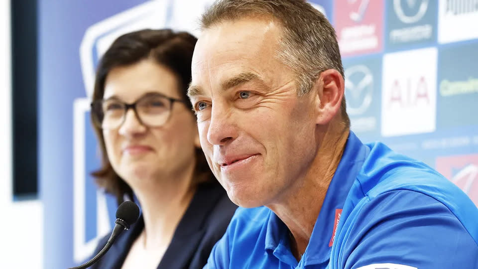 Alastair Clarkson speaks to the media after being appointed North Melbourne coach. (Photo by Darrian Traynor/Getty Images)
