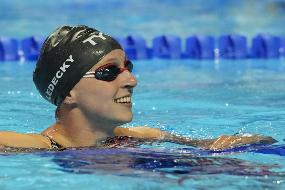 Katie Ledecky reacts after winning the Women's 400 Freestyle during wave 2 of the U.S. Olympic Swim Trials on Monday, June 14, 2021, in Omaha, Neb. (AP Photo/Charlie Neibergall)