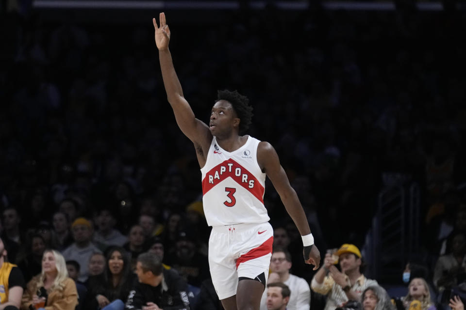 Toronto Raptors forward O.G. Anunoby (3) gestures after making a 3-point basket during the first half of an NBA basketball game against the Los Angeles Lakers Friday, March 10, 2023, in Los Angeles. (AP Photo/Marcio Jose Sanchez)