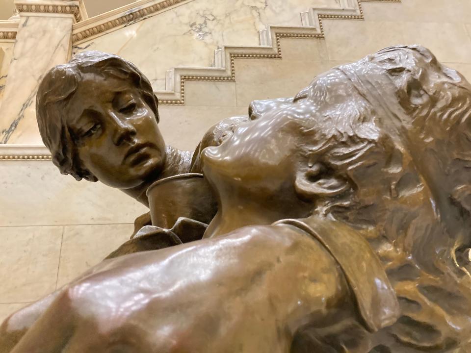 The first image of a woman in the state house was the statue commemorating Civil War nurses, created by Bela Pratt and installed in 2019; and is part of a compilation of visual information: Women Subjects/Women Artists commemorates Women's History Month at the Massachusetts State House