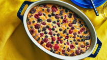 <p>This fancy French clafoutis-like custard comes together quickly in a blender, and you can sub in whatever fruit you'd like for the cherries and berries. <a href="https://www.realsimple.com/food-recipes/browse-all-recipes/cherry-berry-breakfast-custard-recipe" rel="nofollow noopener" target="_blank" data-ylk="slk:get the recipe;elm:context_link;itc:0;sec:content-canvas" class="link ">get the recipe</a></p>