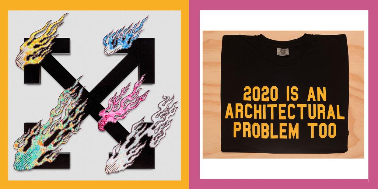 on the left  is a an x shape with arrow ends and flames coming off it in various colors and on the right is a folded black tee shirt with the words 2020 is an architectural problem too