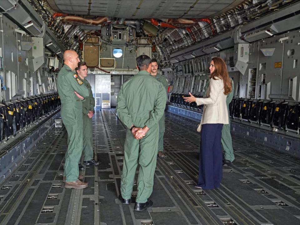 The Duchess of Cambridge stands in the fuselage of an RAF C17 Globemaster during a visit to RAF Brize Norton, near Oxford (PA)