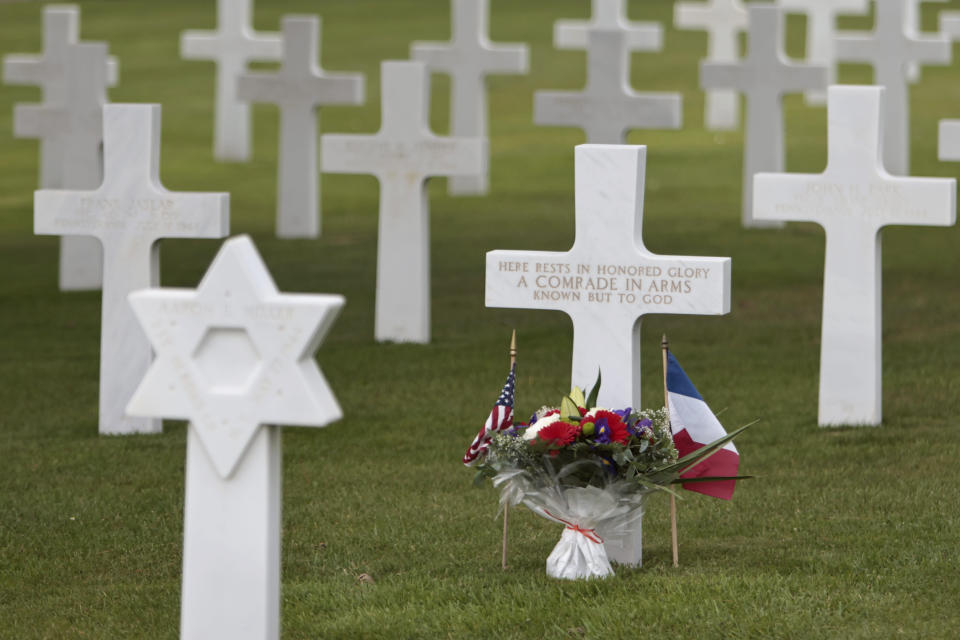 General view of headstones in the US cemetery of Colleville-sur-Mer, Normandy, Saturday, June, 4 2022. Several ceremonies will take place to commemorate the 78th anniversary of D-Day that led to the liberation of France and Europe from the German occupation. (AP Photo/Jeremias Gonzales)