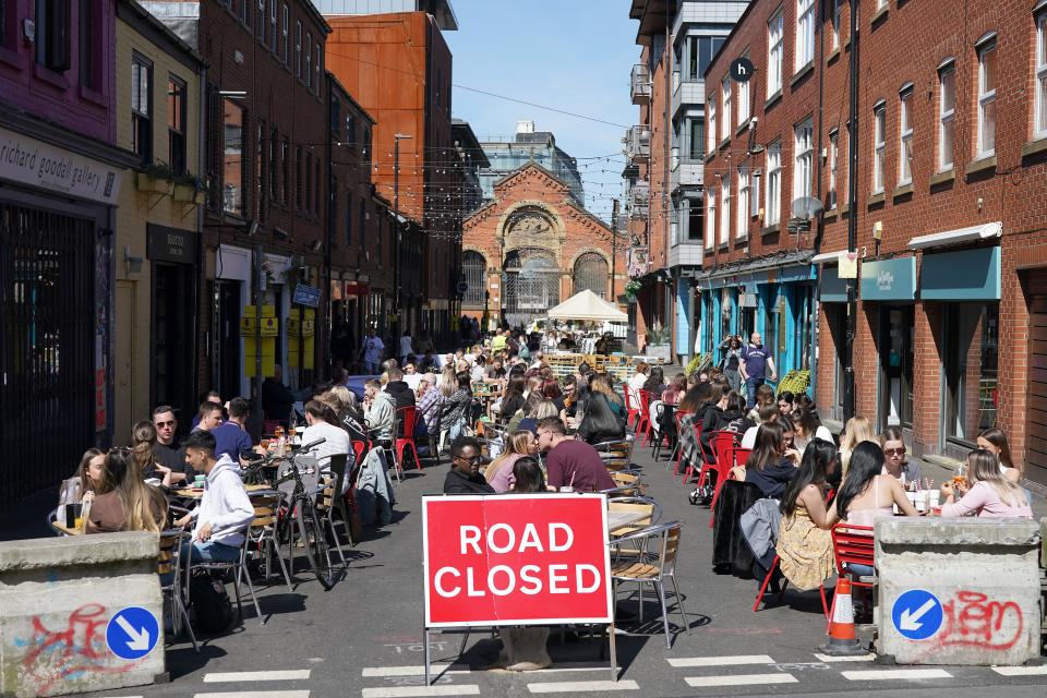 Outdoor dining in Manchester, U.K. Though the E.U. is reopening to American travelers, the U.K. currently remains off limits.