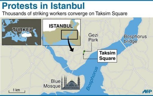 Map of Istanbul locating protests in Taksim Square. Turkish Prime Minister Recep Tayyip Erdogan is heading home from an overseas trip, defiantly vowing to press ahead with plans to redevelop a park that have prompted a week of violent protests he said were stoked by 'terrorists'