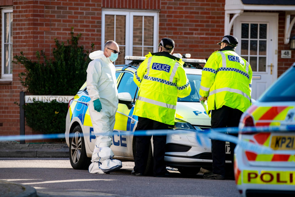 Police forensics at the scene near Arlington Road, Walton Cardiff, Gloucestershire, October 6, 2021.  A man has died and another suffered serious injuries after a mass stabbing in a small village.  See SWNS story SWBRstab.  One male has been arrested after two men and a women were attacked with a knife in Walton Cardiff near Tewkesbury, Gloucestershire.  Police received multiple reports of a knife-wielding man attacking others in Snowdonia Road and Arlington Road at 5.20pm Tuesday.  Reports say the public tried to intervene and stop the man's attacks.  A man in his 50s was arrested and police said they were not looking for anyone else.  One man suffered serious injuries and was given treatment at the scene, but sadly died there.  A second man suffered serious stab wounds and remains in a stable condition at Southmead Hospital in Bristol.  A woman was also wounded in the leg and was taken to Gloucestershire Royal Hospital for treatment.  Several members of the public tried to intervene, Gloucestershire Constabulary said. 
