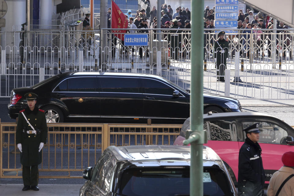 A stretch limousine with a golden emblem, similar to one North Korean leader Kim Jong Un has used previously, is seen leaving the train station with a convoy in Beijing, China, Tuesday, Jan. 8, 2019. While President Donald Trump waits in the wings, North Korean leader Kim Jong Un arrived in Beijing on Tuesday for his fourth summit with China’s Xi Jinping, yet another nod to the leader Kim most needs to court as he tries to undermine support for international sanctions while giving up little, if any, ground on denuclearization. (AP Photo/Ng Han Guan)