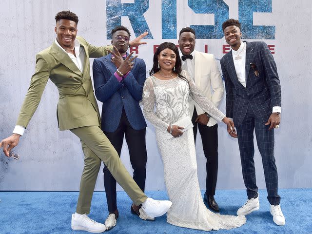 <p>Alberto E. Rodriguez/Getty</p> Giannis Antetokounmpo, Alex Antetokounmpo, Veronica "Vera" Antetokounmpo, Thanasis Antetokounmpo and Kostas Antetokounmpo attend the world premiere of Rise