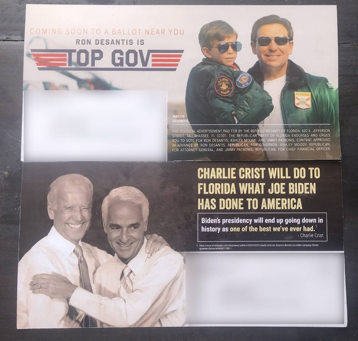 Mailer supporting Gov. Ron DeSantis sent to a voter in Texas from the Republican Party of Florida.