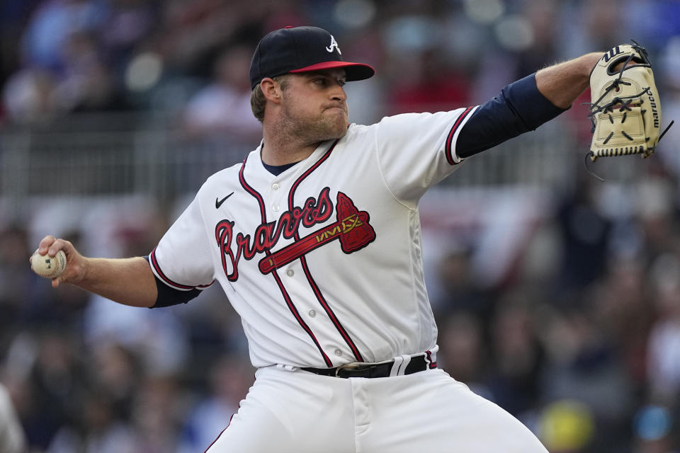 Atlanta Braves starting pitcher Bryce Elder works against the Cincinnati Reds in the first inning of a baseball game, Monday, April 10, 2023, in Atlanta. (AP Photo/John Bazemore)