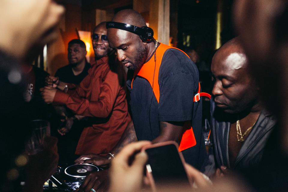 Virgil Abloh eventually made his way from a banquet to the DJ both and traded songs with Acyde for a Drake and 'Ye heavy set.