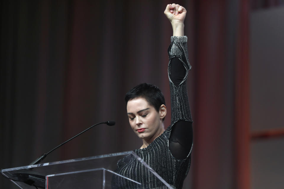 Actress Rose McGowan speaks at the inaugural Women’s Convention in Detroit on Oct. 27, 2017. Shortly before, McGowan gone public with her allegation that film company co-founder and Hollywood movie mogul Harvey Weinstein raped her. (Photo: Paul Sancya/AP)